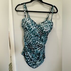 Teal patterned one piece swimsuit